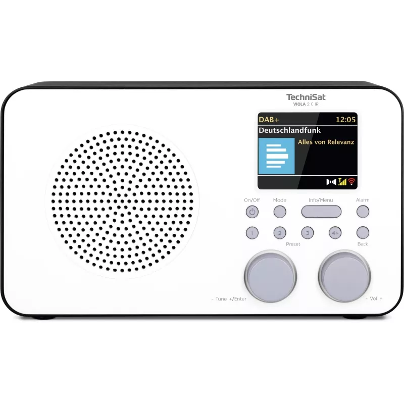 Rádio de internet TECHNISAT VIOLA 2 C IR — sintonizador analógico e digital, DAB+/FM, Wi‑Fi, 3 W, TFT 2,4 polegadas, 3,5 mm, preto/branco