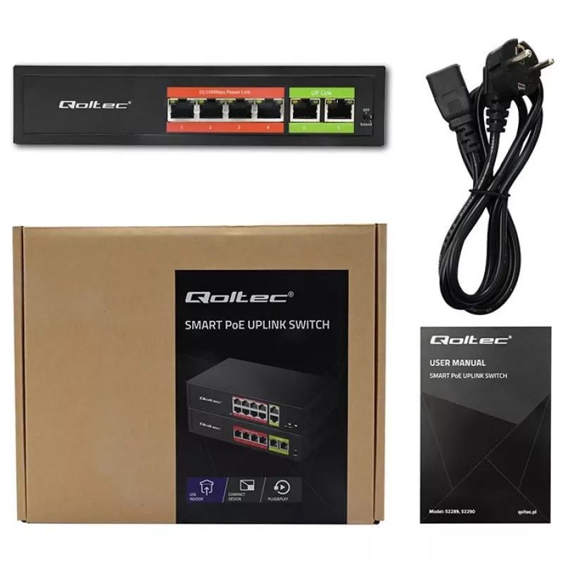 Switch Ethernet PoE QOLTEC 52289 — 4x portas RJ45 PoE, 2x RJ45 uplink, orçamento PoE 65W