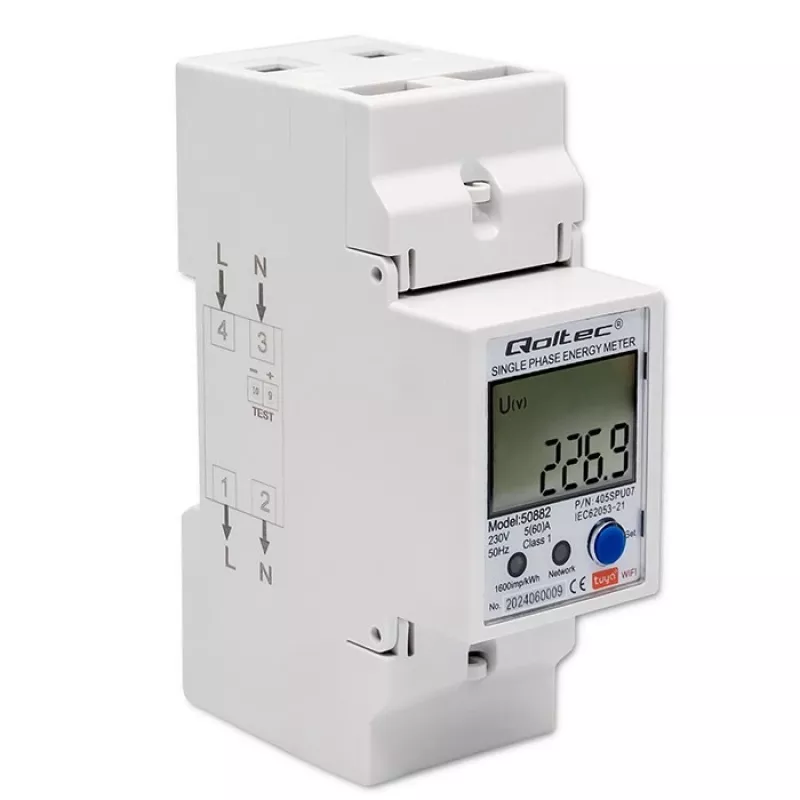 Contador de consumo de energia eletrónico monofásico Qoltec 50882 para calha DIN | Wi-Fi | TUYA | 230V | LCD