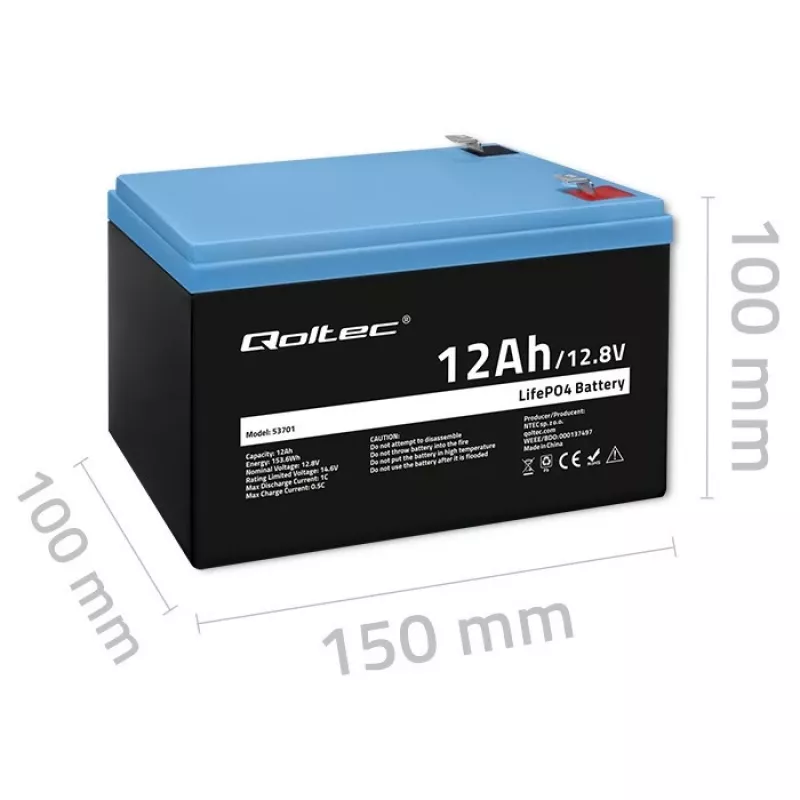 Bateria Qoltec LiFePO4 Fosfato de ferro-lítio 12,8 V 12 Ah 153,6 Wh com BMS