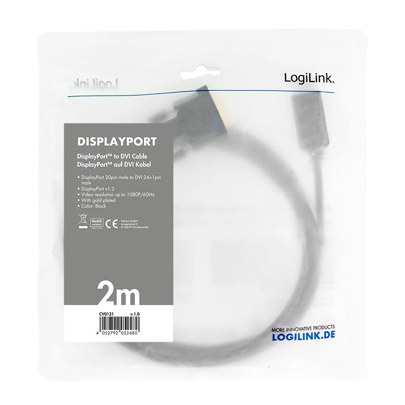 Adaptador de cabo de vídeo LogiLink CV0131 2 m DisplayPort DVI preto