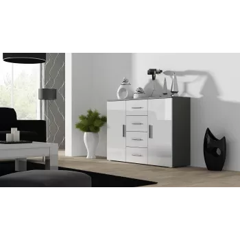 Aparador Cama Meble UNI cinzento/branco alto brilho, 2 portas, 2 prateleiras, 1320×380×920 mm