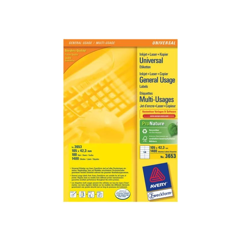 Etiqueta autocolante Avery 3653 retangular permanente branco 1400 unid.