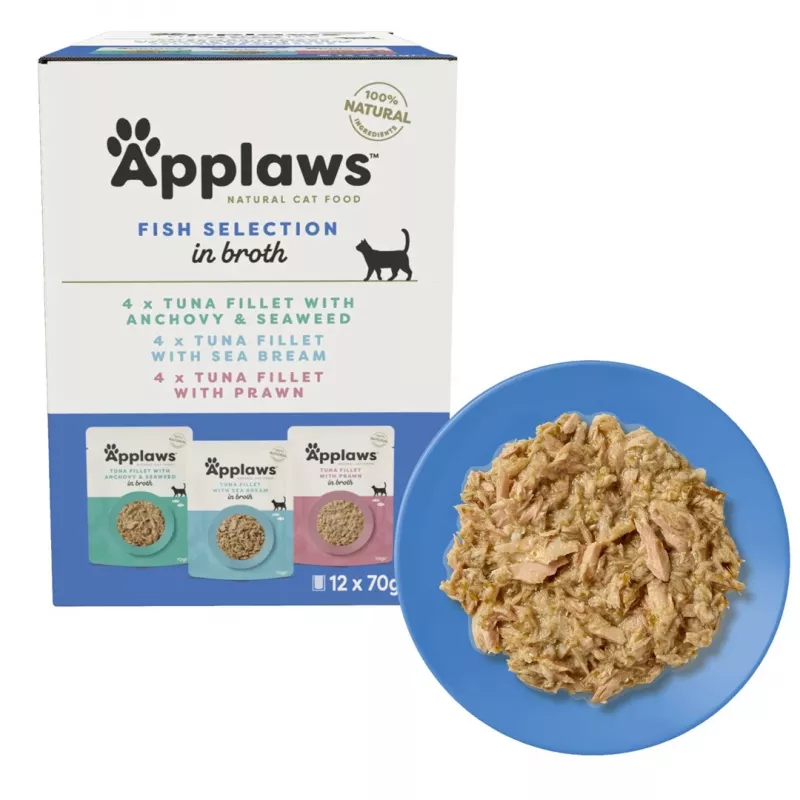 Applaws seleção de peixe em caldo, multipack de ração húmida para gatos, 12 × 70 g