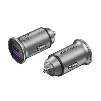 Carregador de automóvel Vention duas portas USB A+A (30+30) cinzento estilo mini liga de alumínio tipo