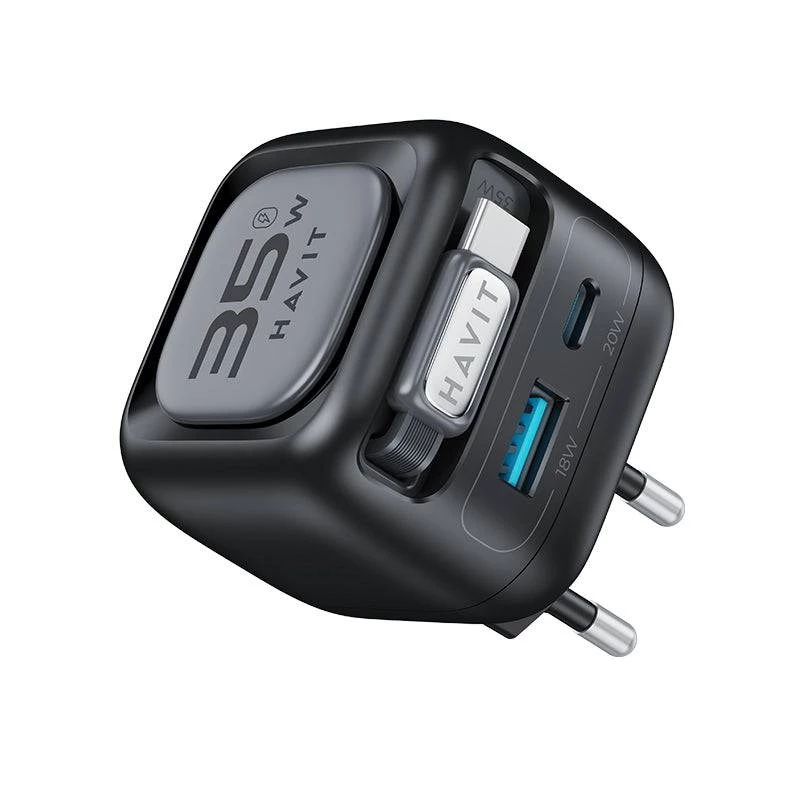 Havit UC250 A-EU carregador de viagem GaN com cabo extensível, preto