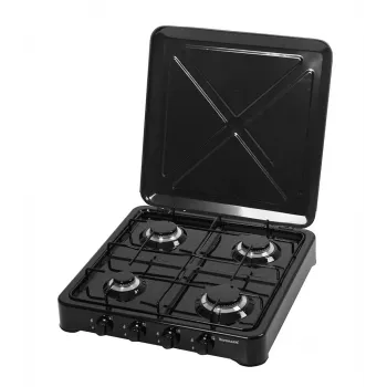 Fogão a gás Ravanson K-04TB — placa de fogão a gás de encastre com 4 queimadores, preto, botões rotativos, caixa metálica