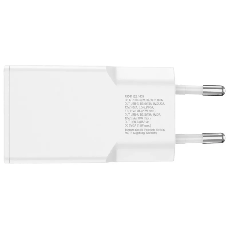Carregador de dispositivo móvel interior AC 4smarts 541509 — 100–240V, USB-A + USB-C, cabo de 1,5 m, carregamento rápido, branco
