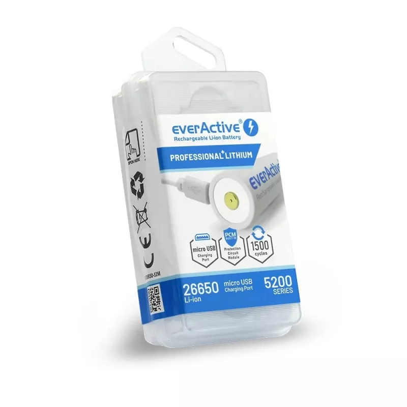 Bateria recarregável everActive EV26650-52M 3,7V 5200mAh com função de carregamento micro-USB
