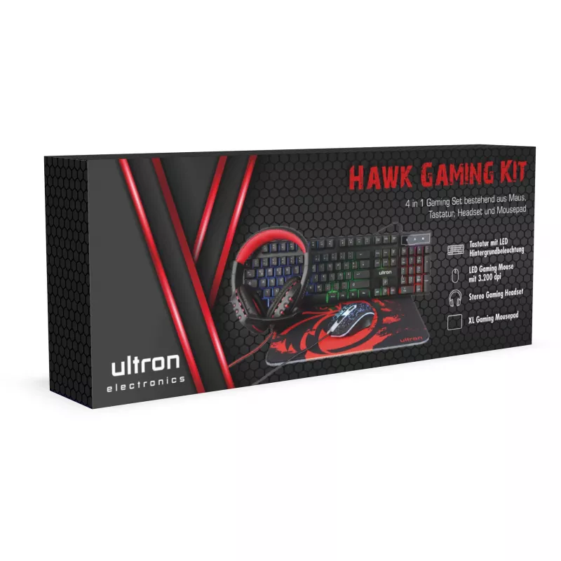 Conjunto gaming Ultron HAWK teclado rato QWERTZ alemão preto vermelho branco