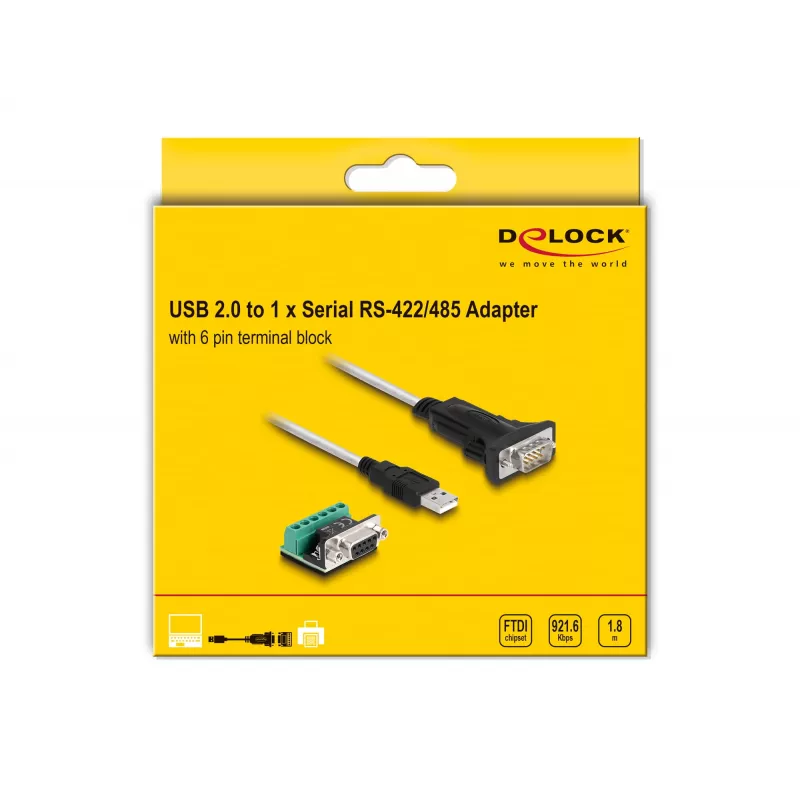 DeLOCK 63465 Adaptador de USB 2.0 Type-A para série RS-422/485, bloco de terminais de 6 pinos, 1,8 m, preto/transparente