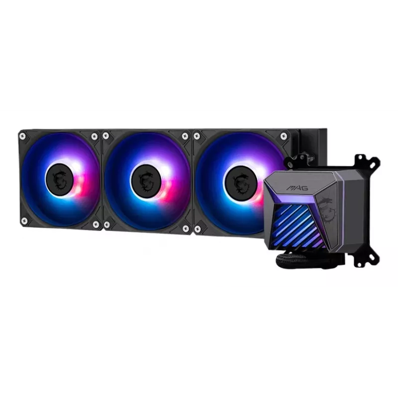 Refrigeração líquida all-in-one MSI MAG Coreliquid A15 360 — 3 ventoinhas de 120 mm, radiador 394 x 120 x 27 mm, bomba 5V, RGB, compatível com LGA 1851