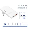 Akyga AK-CH-31 carregador USB GaN plano 65 W, USB-C PD + USB-A, branco