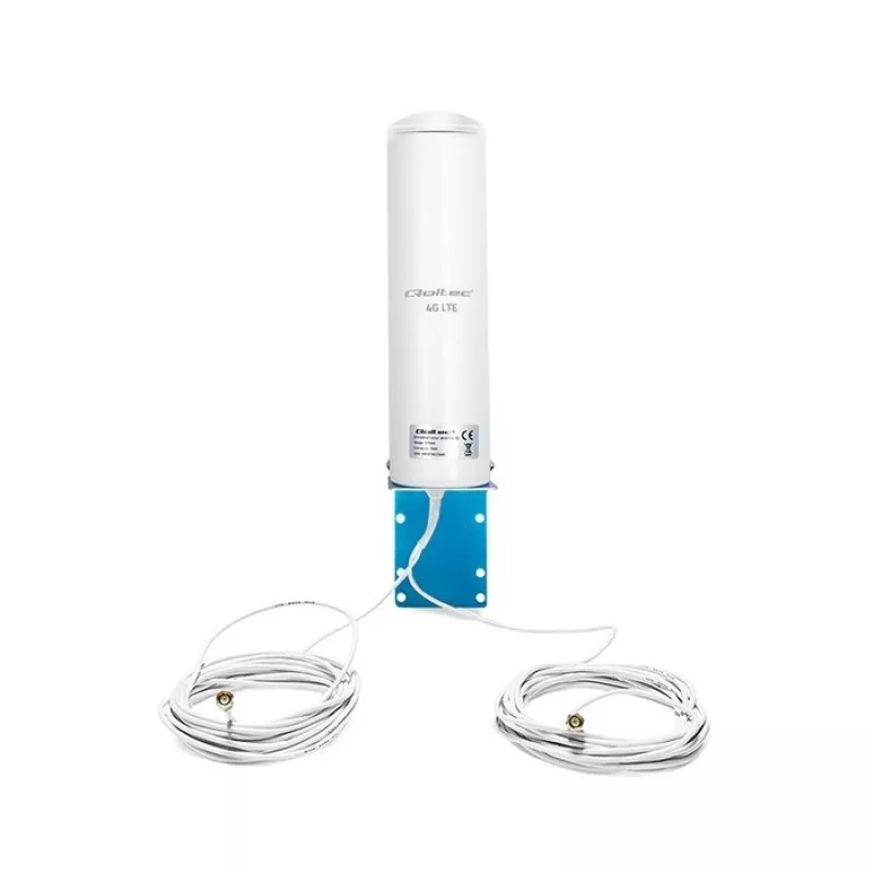 Antena 4G LTE omnidirecional exterior QOLTEC 57044, 5 dBi, 600–2700 MHz, 50 W, 50 Ω, caixa de cobre branca