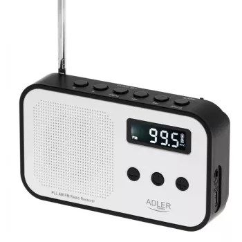 Rádio digital portátil Adler AD 1907 — FM/AM, sintonizador digital, despertador, USB-C, bateria de 600 mAh, LCD, 20 estações memorizadas, antena telescópica