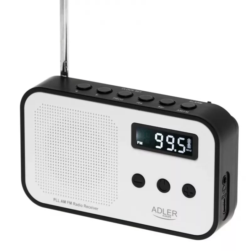 Adler AD 1907 rádio digital PLL, AM/FM, 40 estações pré-definidas, alarme com soneca, USB-C, bateria recarregável integrada, ficha de 3,5 mm, branco/preto