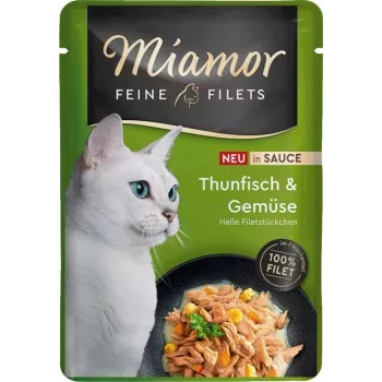 Miamor filetes finos de atum com legumes em molho, comida húmida para gatos, 100 g saqueta, gatos adultos, monoproteica