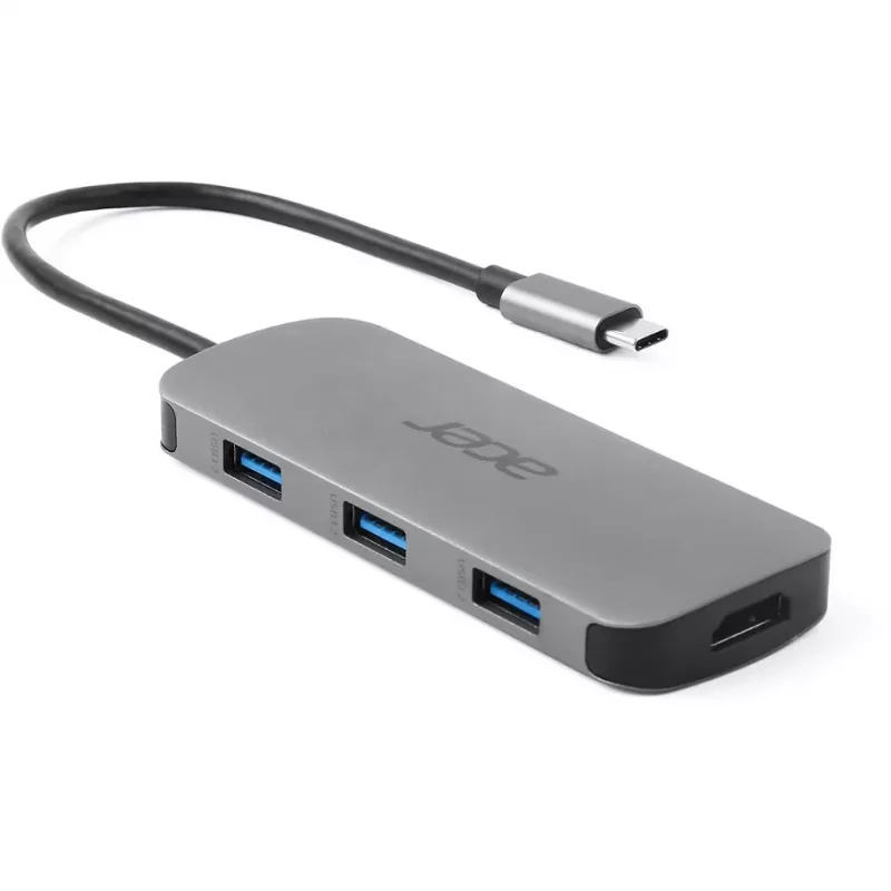 Dongle USB-C 7 em 1 Acer — USB 3.2 Gen 1 Type-C, 3x USB-A, HDMI, SD/MicroSD, 100W PD, prateado