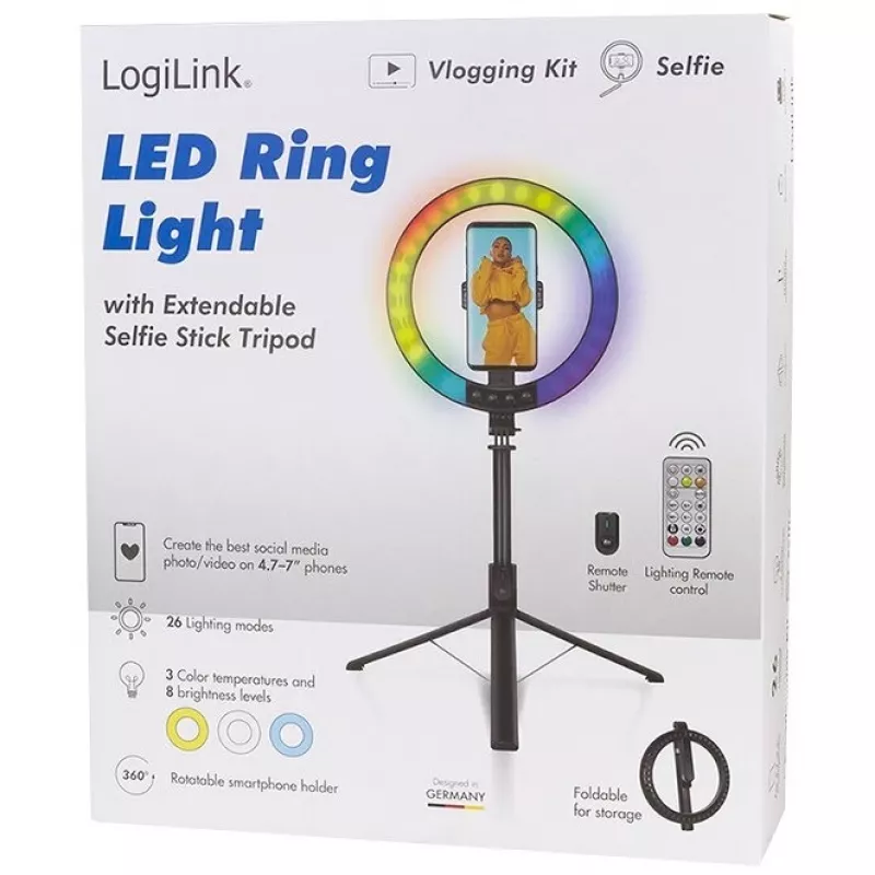 LogiLink anel de luz para smartphone com tripé pau de selfie, DM 20cm (AA0156)