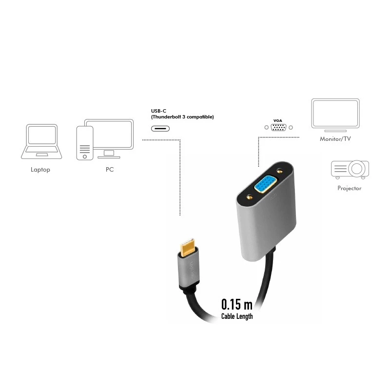 Cabo adaptador de vídeo USB Type-C para VGA (D-Sub) LOGILINK CUA0104 0,15 m, cinzento/preto