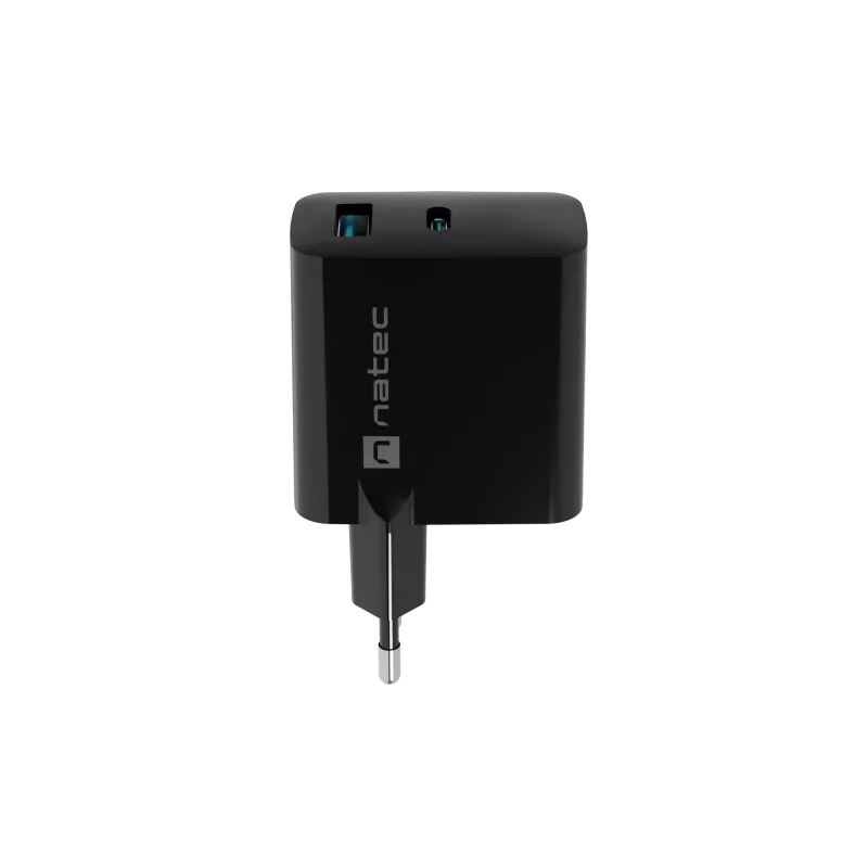 Carregador com fios para dispositivos móveis NATEC NUC-2145, 65 W, USB-C PD 3.0 + QC 3.0, 1x USB-C, 1x USB-A, 110–240 V, preto