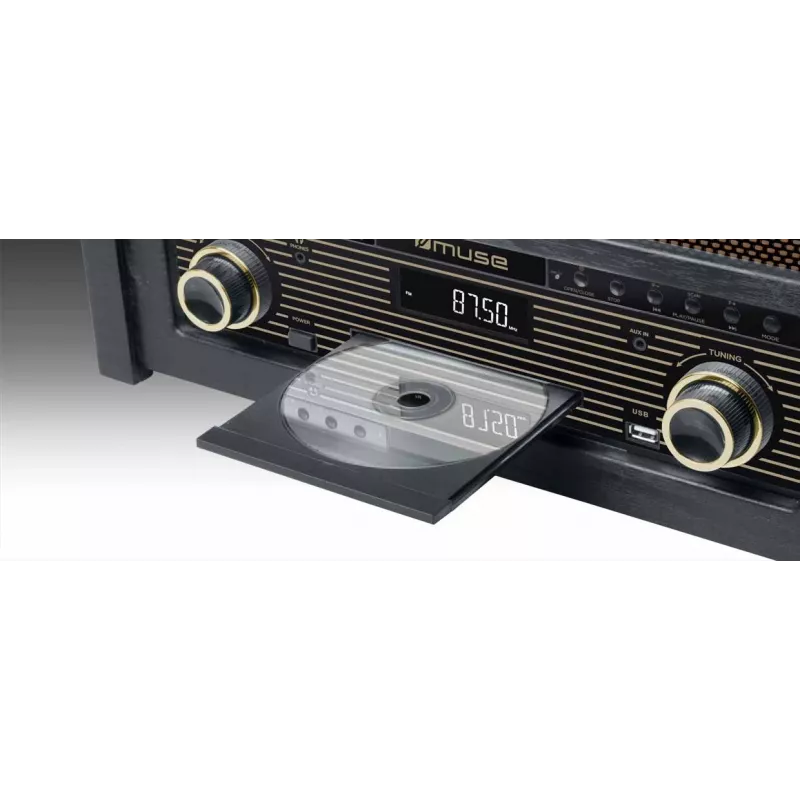 Gira-discos muse MT-115 W — preto/dourado, 33-45-78 rpm, braço de leitura em J, botão de volume, 240V AC