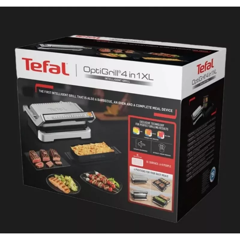 Grelhador elétrico de contacto Tefal OptiGrill+ XL aço inoxidável — grande capacidade, programas automáticos de cozedura