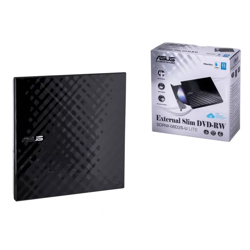 Unidade ótica externa DVD±RW ASUS SDRW-08D2S-U Lite, USB 2.0, preta, 24x CD / 8x DVD, 142×142×20 mm