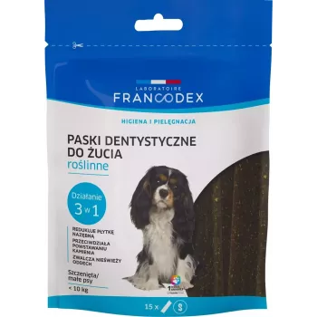 Tiras dentárias FRANCODEX para cães, embalagem com 15 saquetas – guloseima de higiene dentária para cães adultos pequenos (5–10 kg), 228 g, sabor a legumes, sem glúten