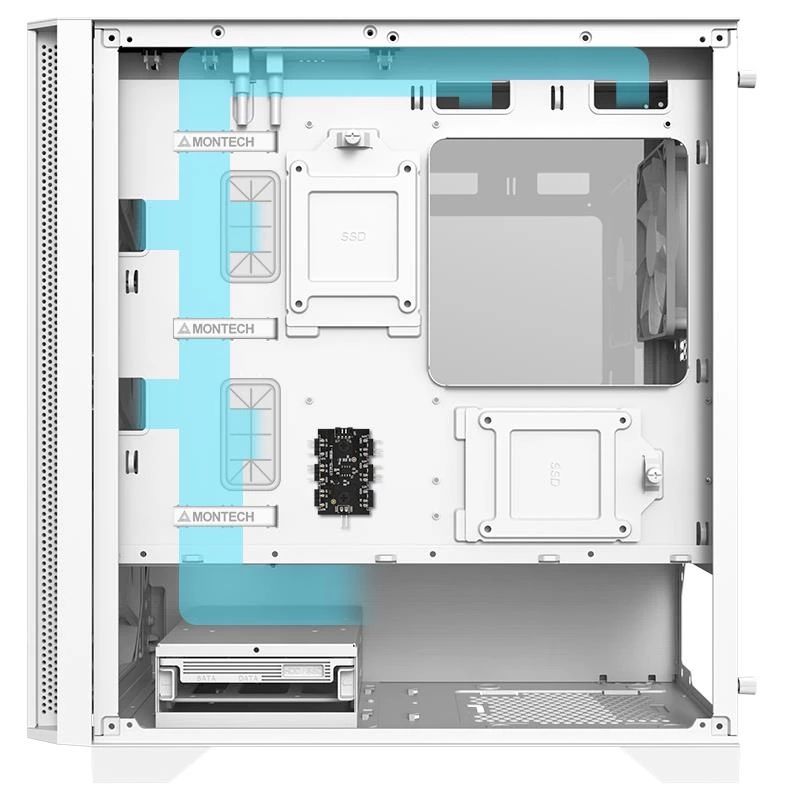 Caixa Micro-ATX Montech AIR 100 ARGB com quatro ventoinhas ARGB pré-instaladas, design ultra-minimalista, painel frontal em malha fina, elevado fluxo de ar, lateral única