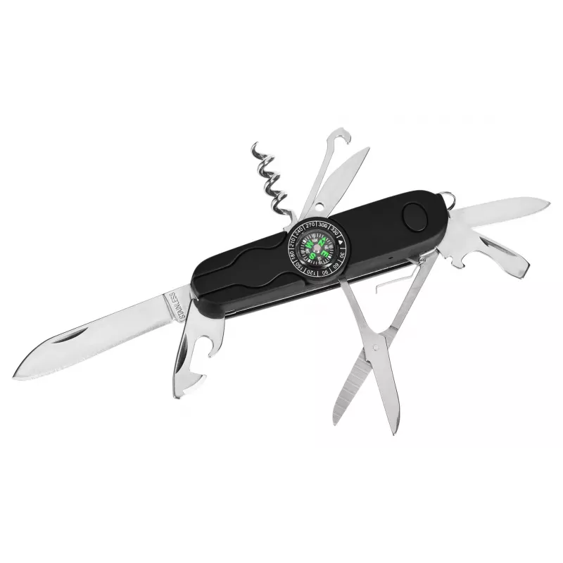 Faca de bolso AZYMUT Izeron multiferramenta — 13 ferramentas, aço inoxidável 420J2/3CR13, fechada 9 cm, 91 g, bolsa de couro para cinto, luz e bússola integradas