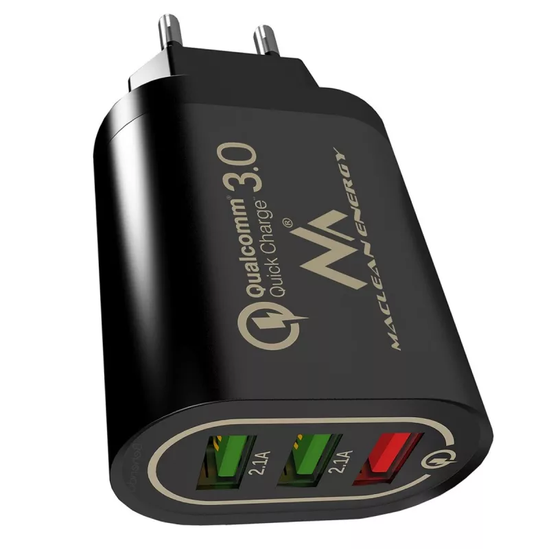 Carregador de parede USB MACLEAN MCE479B — 3 portas USB, potência total 18W, compacto