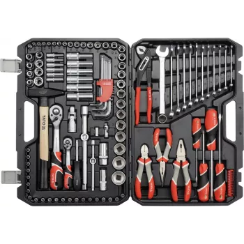 Conjunto de ferramentas para mecânico YATO YT-38901 — conjunto de 122 peças com chaves de caixa (12–32 mm), catraca, extensões, chaves de fendas, martelo, alicates, acabamento cromado