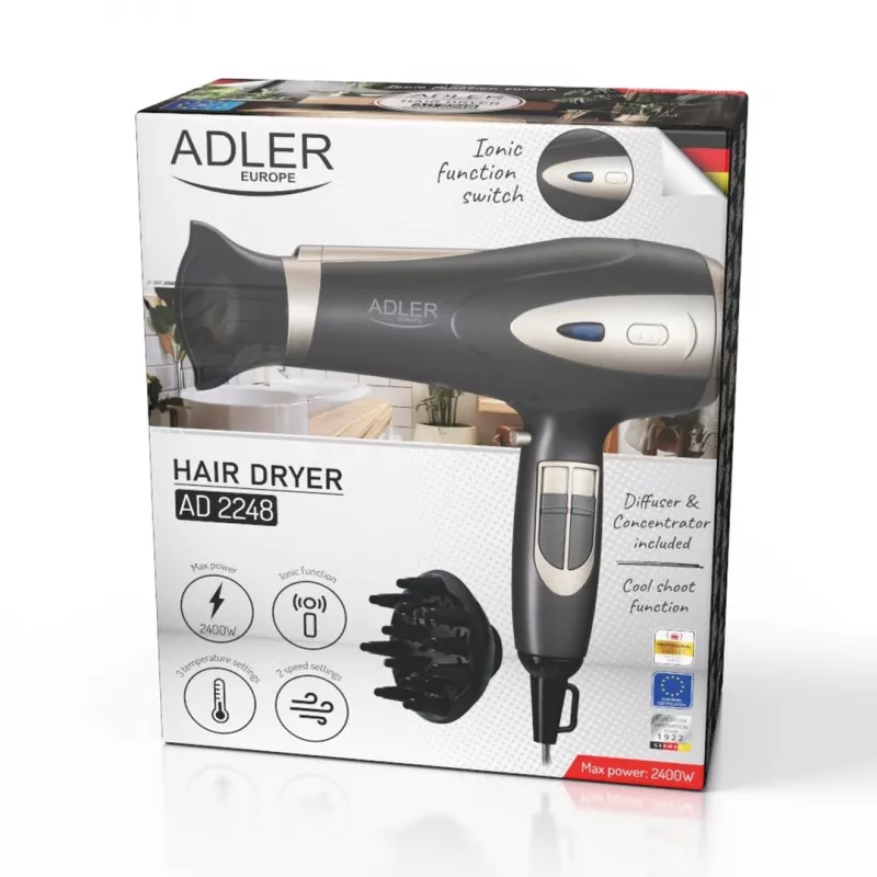 Secador de cabelo Adler AD 2248gc 2200W — iónico, 2 velocidades, 3 temperaturas, jato frio, difusor, concentrador, cabo de 1,8 m