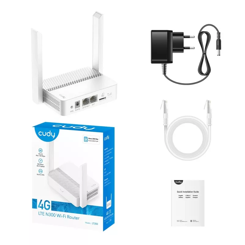 Router Wi-Fi de secretária Cudy LT300_EU – 300 Mbit/s, Single-Band 2,4 GHz, NanoSIM, 1 WAN, 4 portas LAN