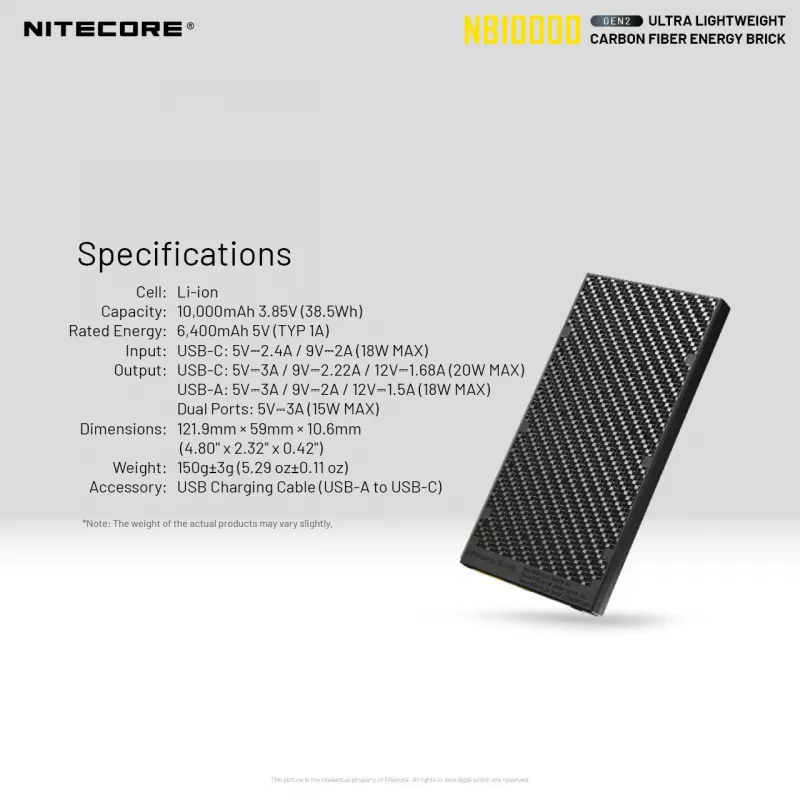 Powerbank portátil Nitecore NB10000 — 10000 mAh, USB‑A + USB‑C, 38 W saída total, cinzento