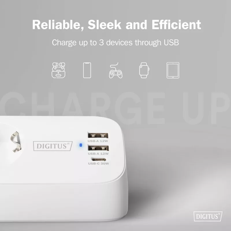 Extensão elétrica DIGITUS 3 tomadas com 2×USB-A e 1×USB-C, 3 tomadas AC tipo E/F, cabo de 1,5 m, branco