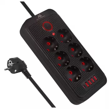 Extensão elétrica MACLEAN MCE391 B – 6 tomadas, 4×USB-A + 1×USB-C, 110–240V, 2500W, cabo de 3 m, preto