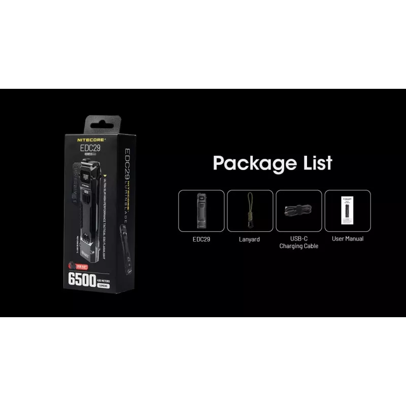 Lanterna de mão Nitecore EDC29 caixa em aço inoxidável, 2 LEDs, 15–6500 lm, IP54, recarregável por USB