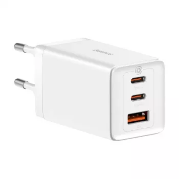 Carregador de parede Baseus GaN5 Pro 65W — USB + 2×USB-C (QC3.0, PD3.0) com cabo USB-C de 1m, branco