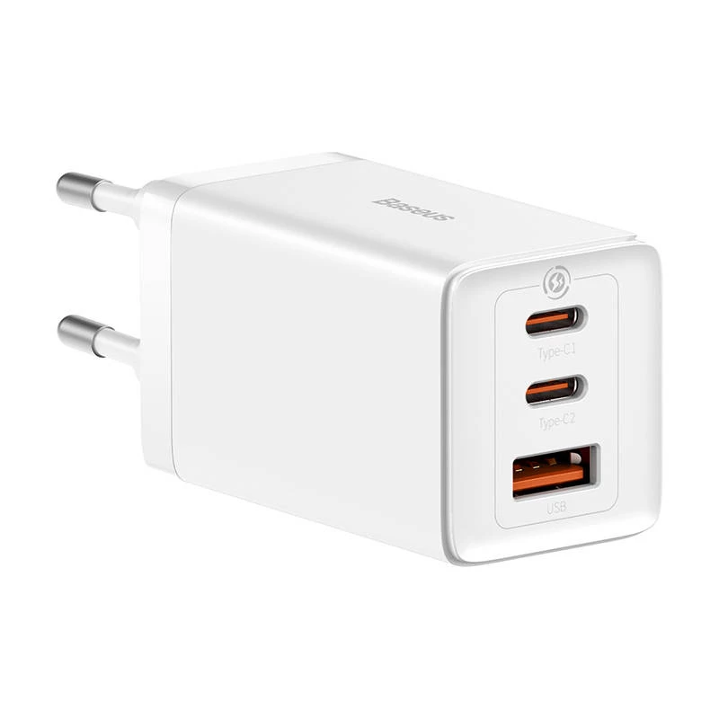 Carregador de parede Baseus GaN5 Pro 65W — USB + 2×USB-C (QC3.0, PD3.0) com cabo USB-C de 1m, branco