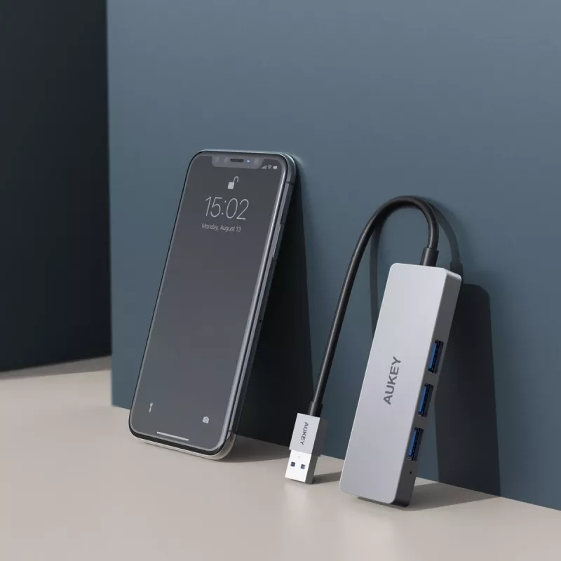 Hub USB Aukey CB-H36 — 4 portas USB 3.2 Gen 1 Type-A, host USB 2.0, 5000 Mbit/s, alumínio prateado