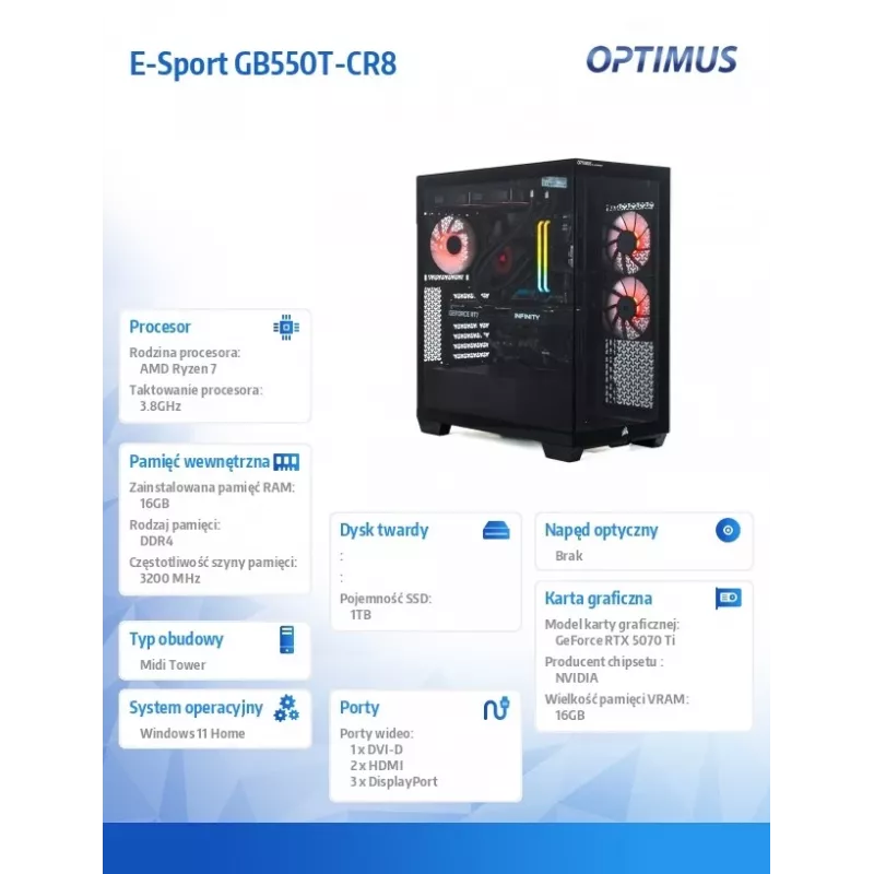 Computador E-Sport GB550T-CR8 Ryzen 7 5800X 16GB 1TB RTX 5060 Ti 16GB W11H