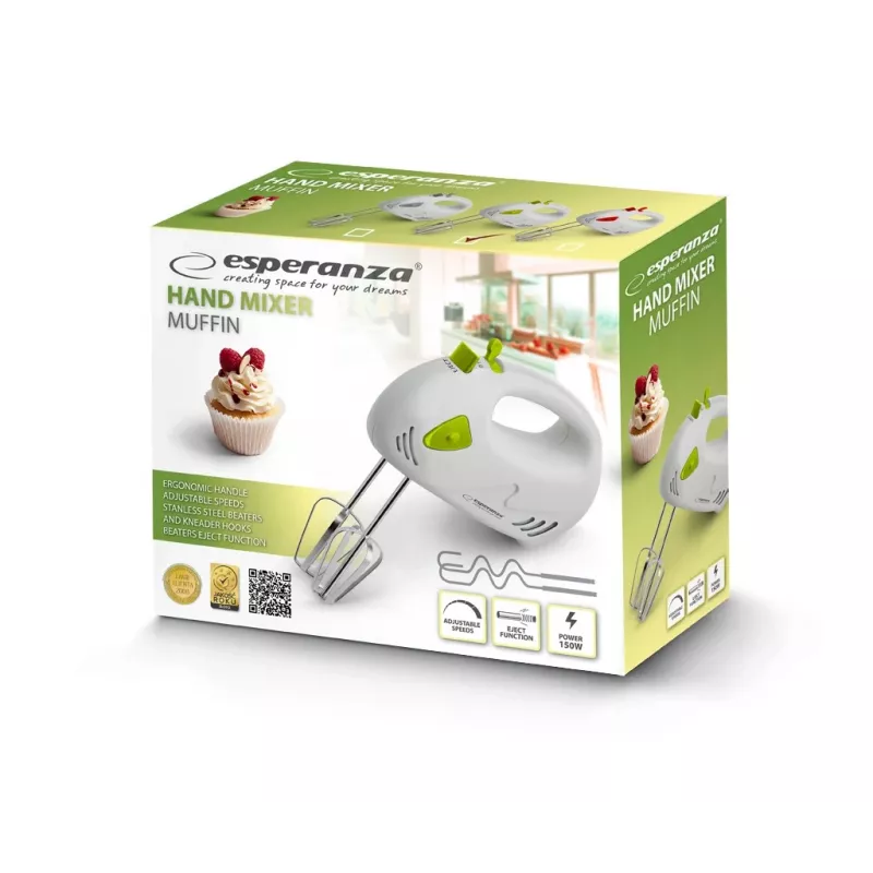 Batedeira de mão ESPERANZA EKM007G — 150 W, 7 velocidades, varas, punho ergonómico, cabo de 1,1 m, verde/branco