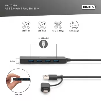 Hub USB, Digitus, DA-70235, 4 portas, USB 3.2 Gen 1, Type-A e Type-C, 12000 Mbit/s