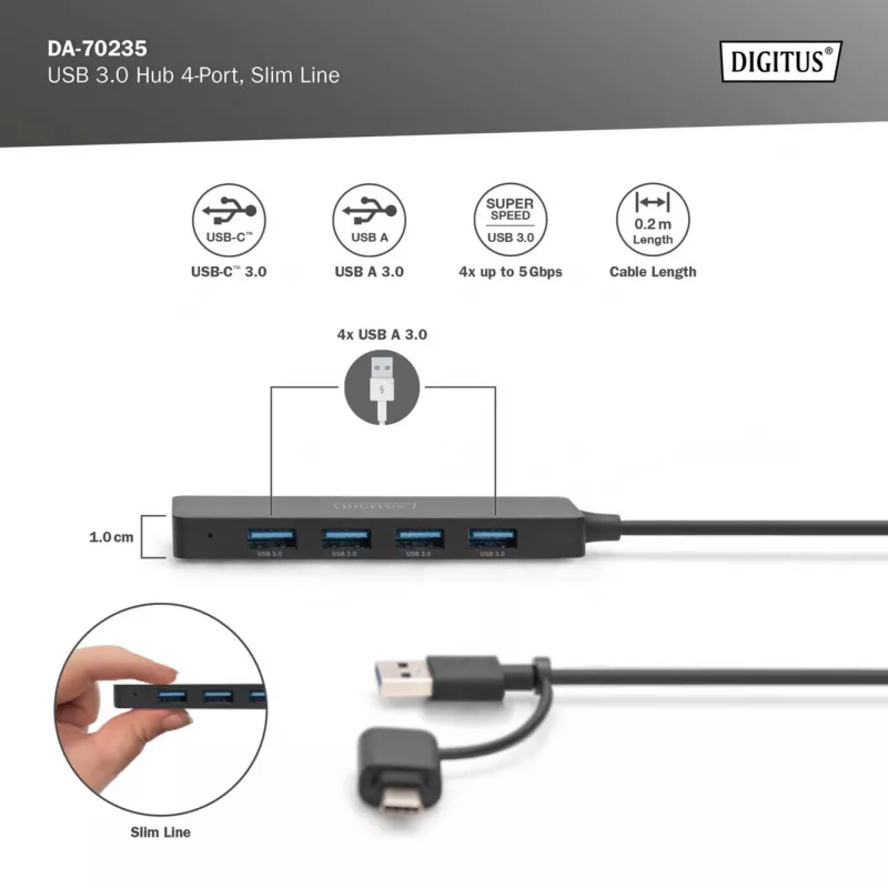 Hub USB, Digitus, DA-70235, 4 portas, USB 3.2 Gen 1, Type-A e Type-C, 12000 Mbit/s