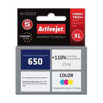 Tinteiro Activejet AH-650CR (substituto para HP 650 CZ102AE; Premium; 21 ml; cor)