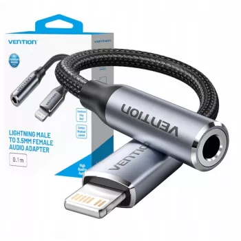 Adaptador de áudio Vention Lightning para 3,5 mm BMBHA, adaptador com fios Lightning para 3,5 mm com cabo de 0,1 m, cinzento