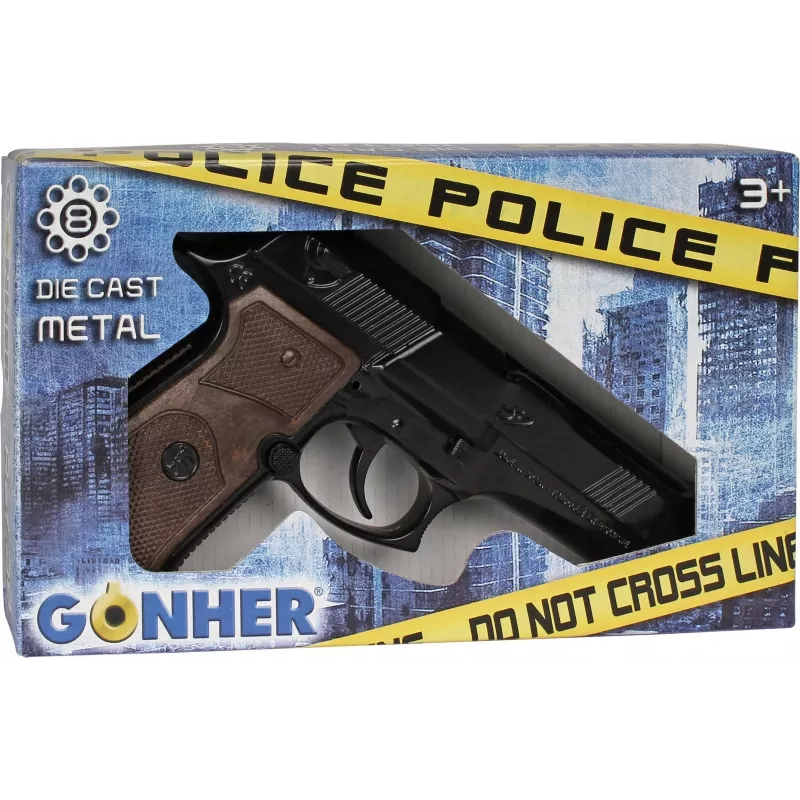 Pistola de polícia de brincar em metal Pulio modelo 15539/6 — construção em metal, acessório de brinquedo
