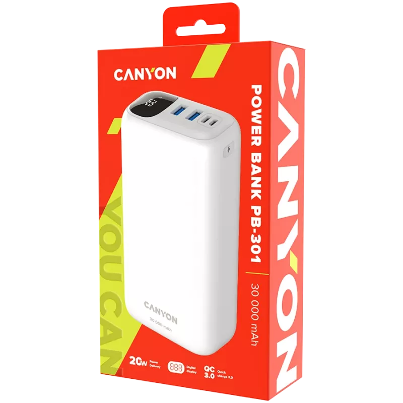 Powerbank CANYON PB-301 LED 30000 mAh PD 20W QC 3.0 branco